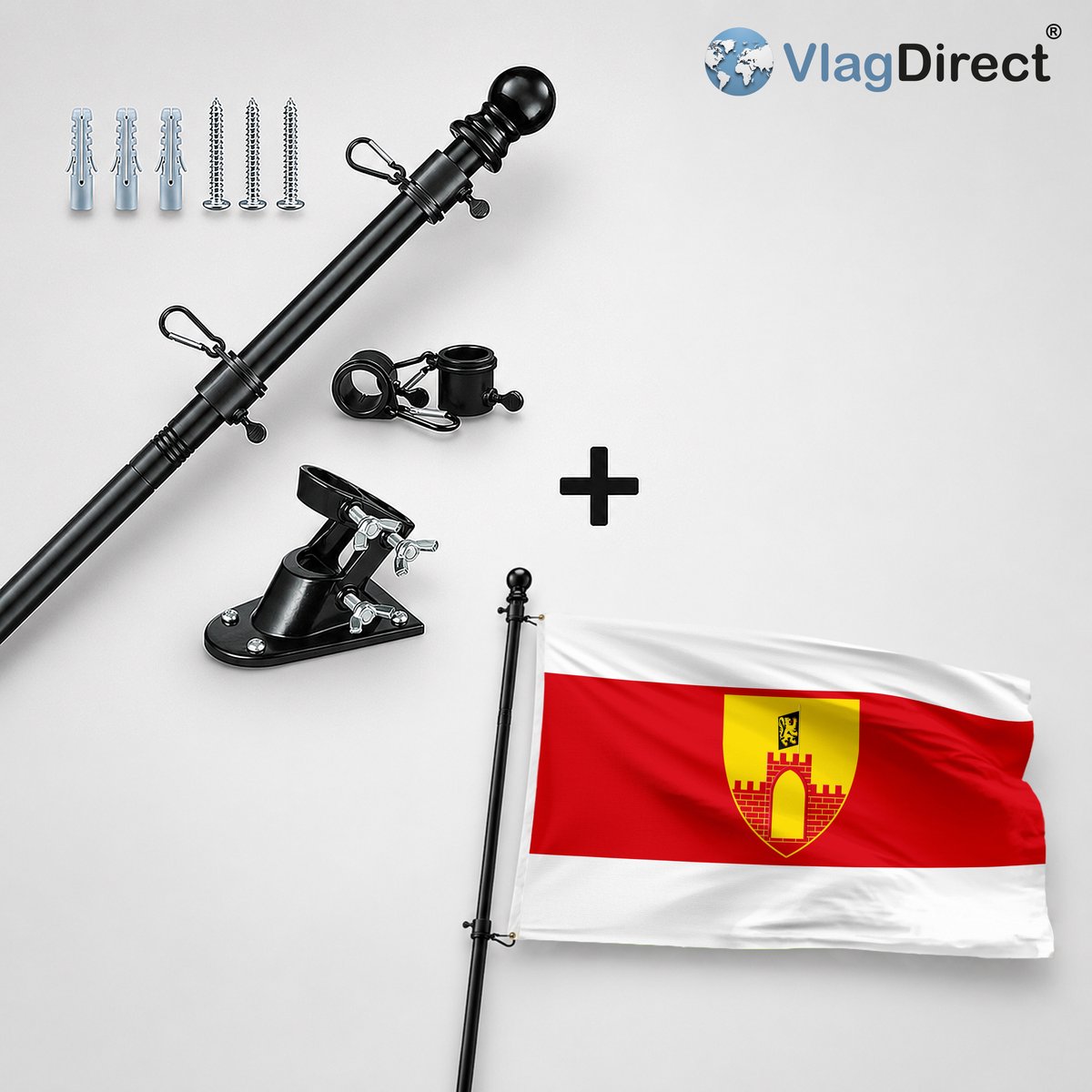 VlagDirect - Compleet vlaggenpakket - Zwarte vlaggenstok inclusief vlaggenstokhouder + Merchtemse vlag - Gemeente Merchtem vlag - 90 x 150 cm.