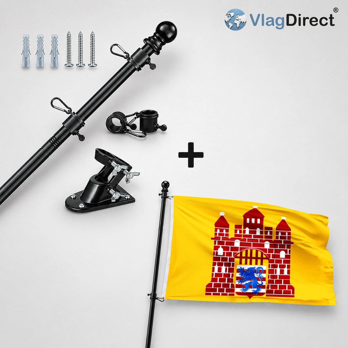 VlagDirect - Compleet vlaggenpakket - Zwarte vlaggenstok inclusief vlaggenstokhouder + Oudenburgse vlag - Gemeente Oudenburg vlag - 90 x 150 cm.
