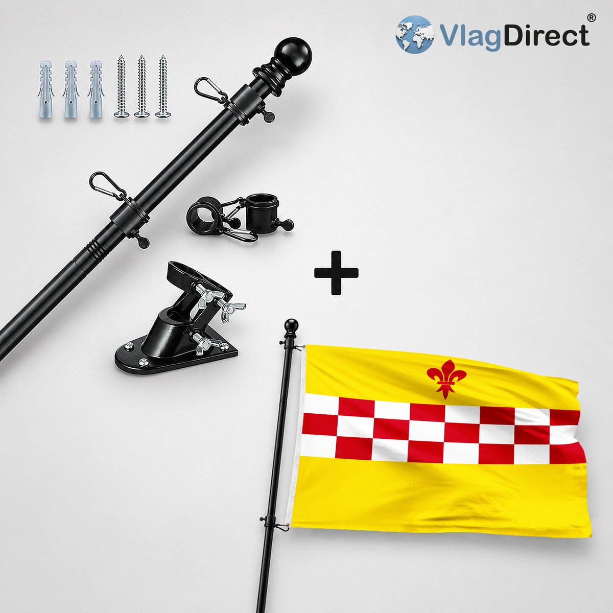 VlagDirect - Compleet vlaggenpakket - Zwarte vlaggenstok inclusief vlaggenstokhouder + Gemeente Rixensart vlag - 90 x 150 cm.