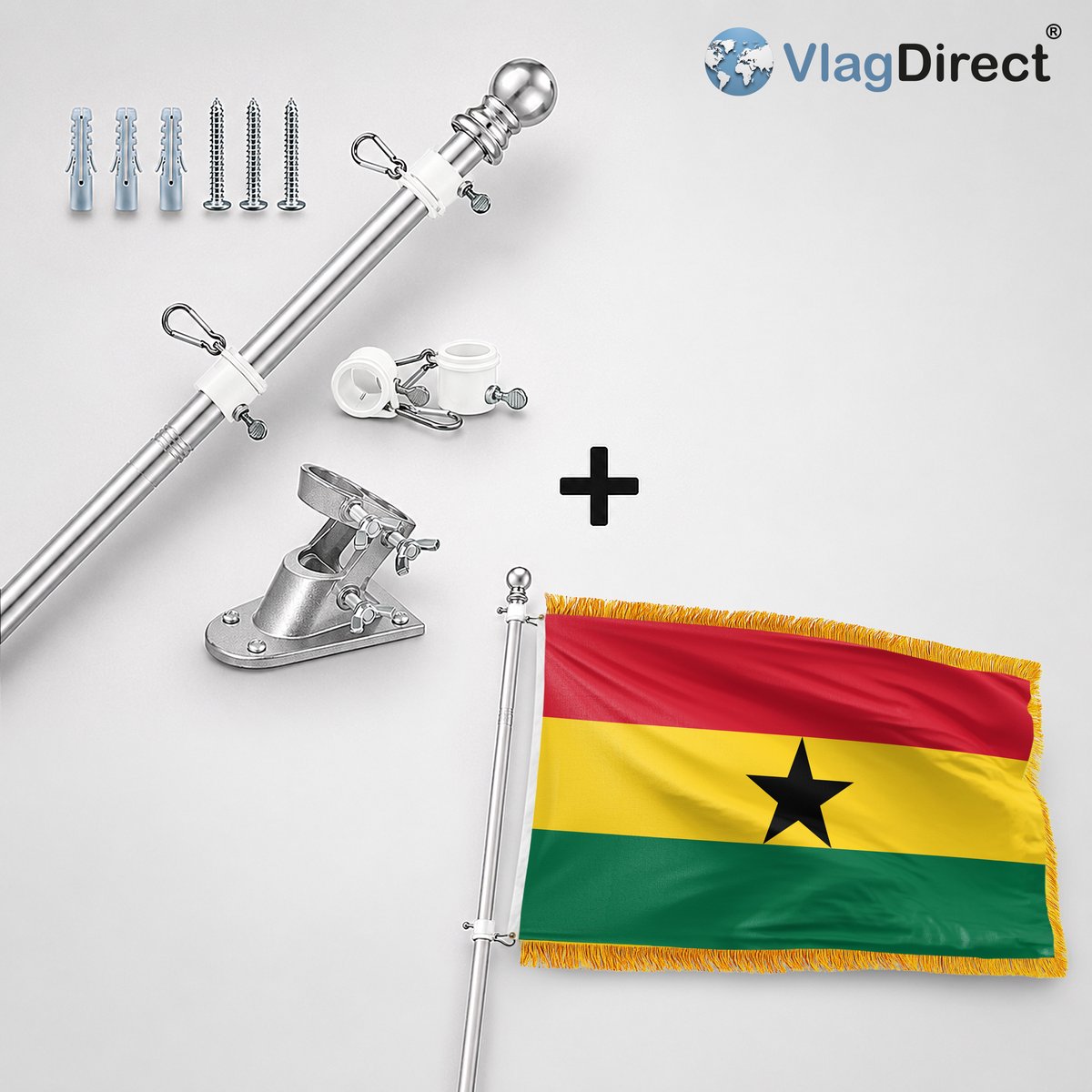 VlagDirect - Compleet vlaggenpakket - Zilveren vlaggenstok inclusief vlaggenstokhouder + Luxe Ghanese vlag - Luxe Ghana vlag - 90 x 150 cm - Franjes.