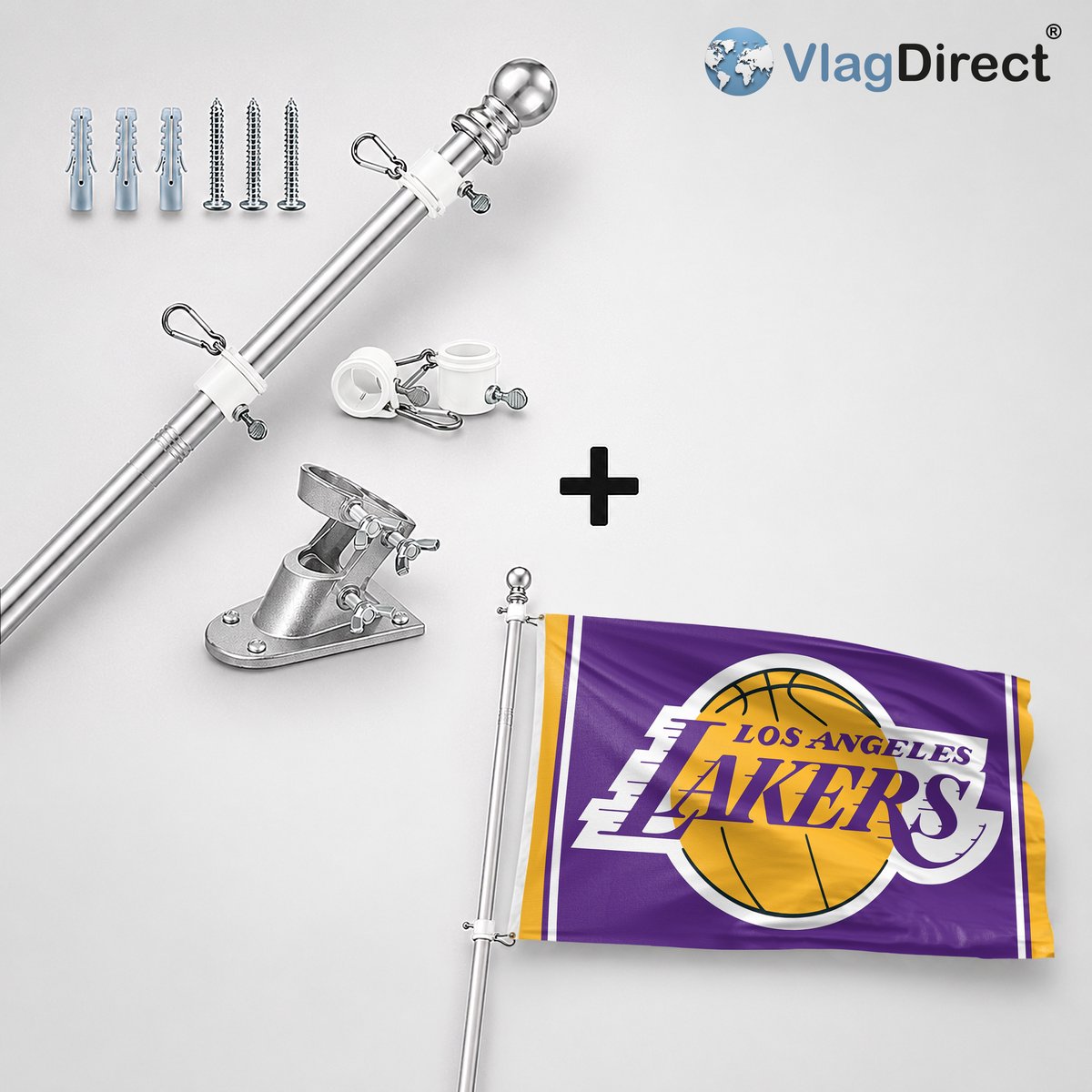 VlagDirect - Compleet vlaggenpakket - Zilveren vlaggenstok inclusief vlaggenstokhouder + Los Angeles Lakers vlag - Los Angeles Lakers basketbalteam vlag - 90 x 150 cm.