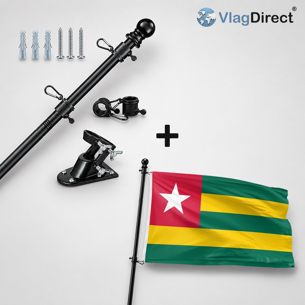 VlagDirect - Compleet vlaggenpakket - Zwarte vlaggenstok inclusief vlaggenstokhouder + Togolese vlag - Togo vlag - 90 x 150 cm