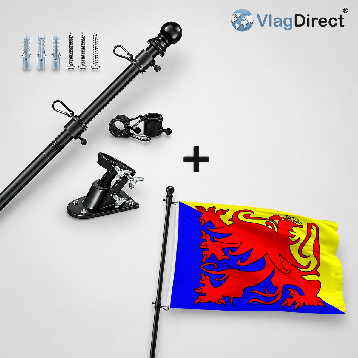 VlagDirect - Compleet vlaggenpakket - Zwarte vlaggenstok inclusief vlaggenstokhouder + Truiense vlag - Gemeente Sint-Truiden vlag - 90 x 150 cm.