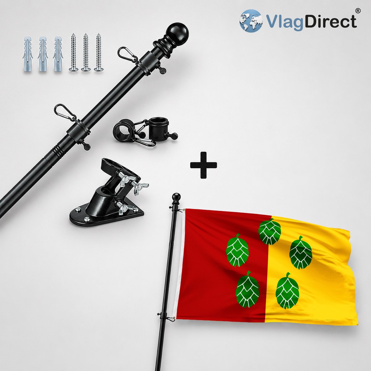 VlagDirect - Compleet vlaggenpakket - Zwarte vlaggenstok inclusief vlaggenstokhouder + Poperingse vlag - Gemeente Poperinge vlag - 90 x 150 cm.