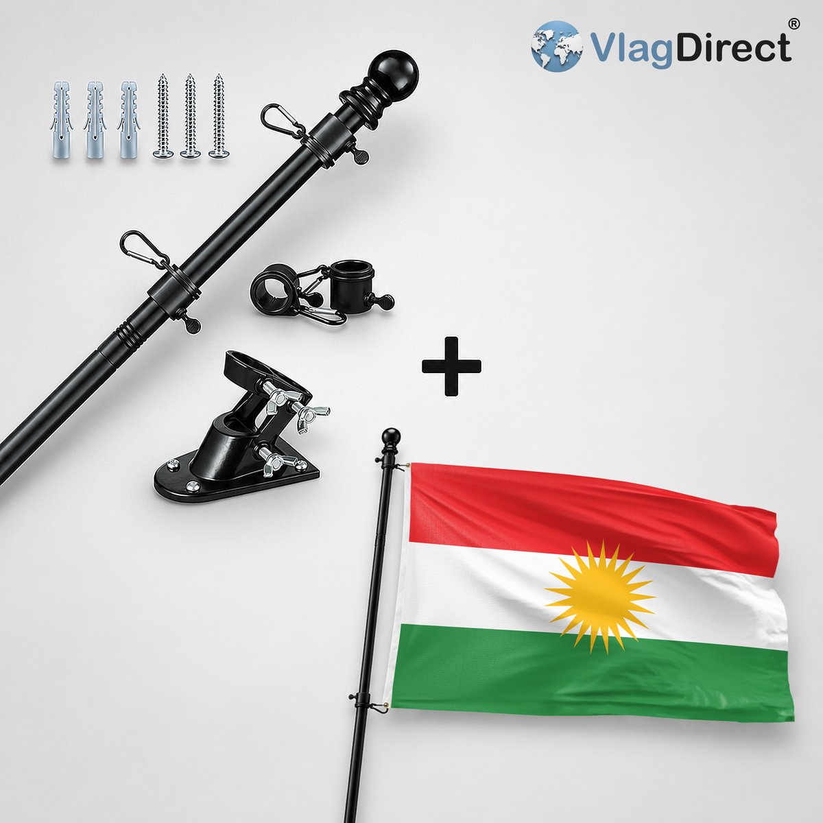 VlagDirect - Compleet vlaggenpakket - Zwarte vlaggenstok inclusief vlaggenstokhouder + Koerdische vlag - Koerdistan vlag - 90 x 150 cm.
