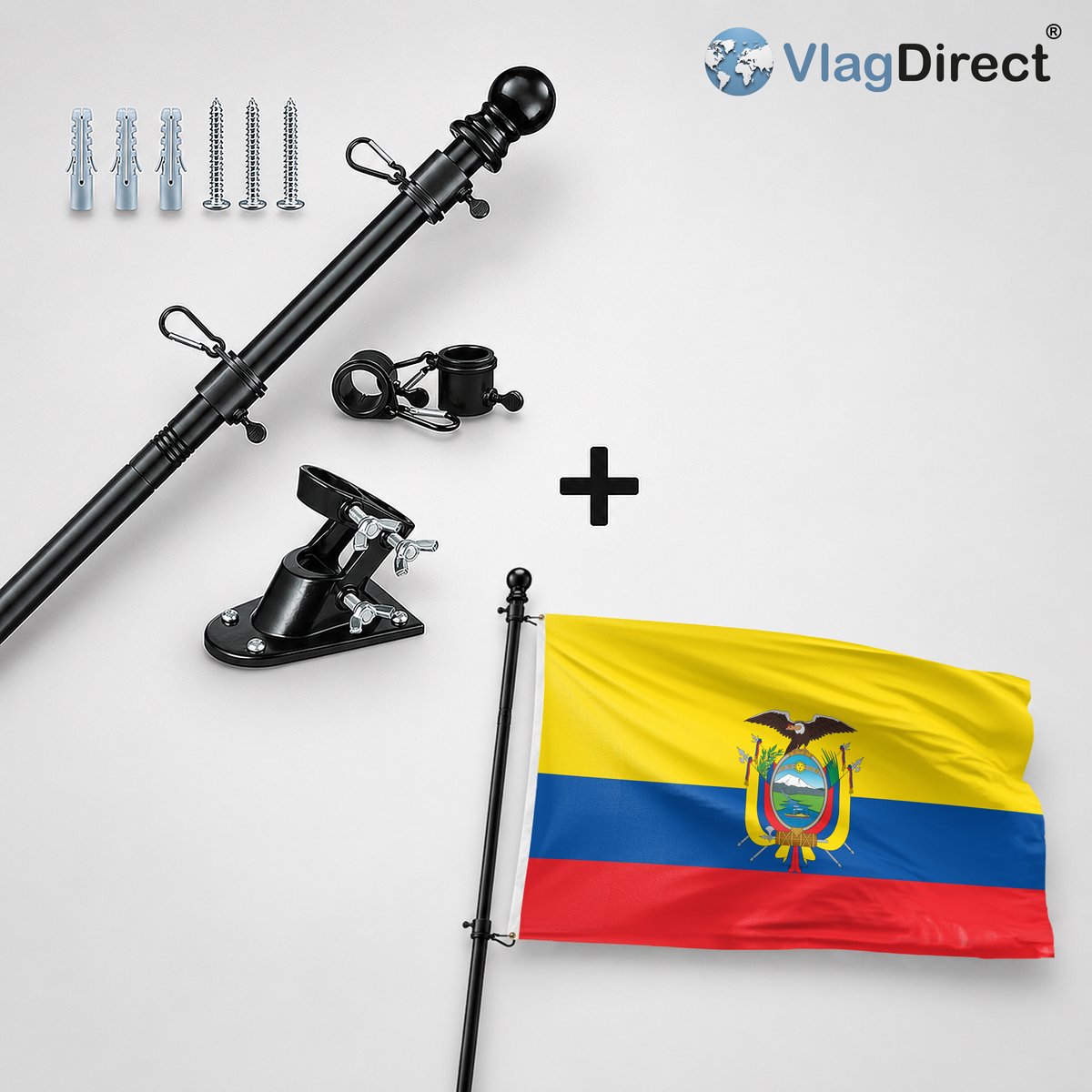VlagDirect - Compleet vlaggenpakket - Zwarte vlaggenstok inclusief vlaggenstokhouder + Ecuadoriaanse vlag - Ecuador vlag - 90 x 150 cm.