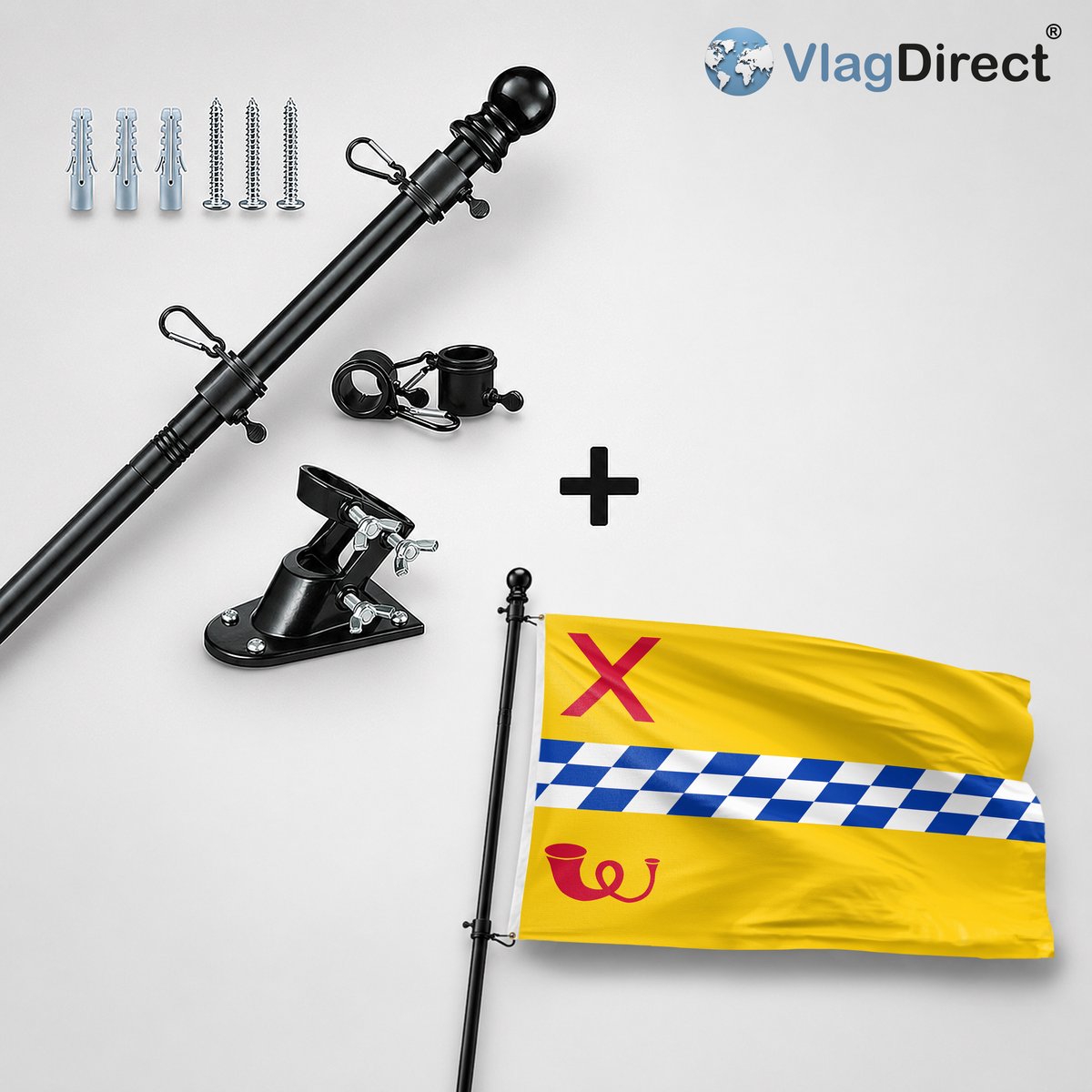 VlagDirect - Compleet vlaggenpakket - Zwarte vlaggenstok inclusief vlaggenstokhouder + Woerden vlag - Gemeente Woerden vlag - 90 x 150 cm.