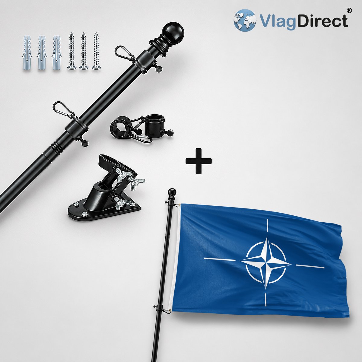 VlagDirect - Compleet vlaggenpakket - Zwarte vlaggenstok inclusief vlaggenstokhouder + NAVO vlag - NATO vlag - 90 x 150 cm