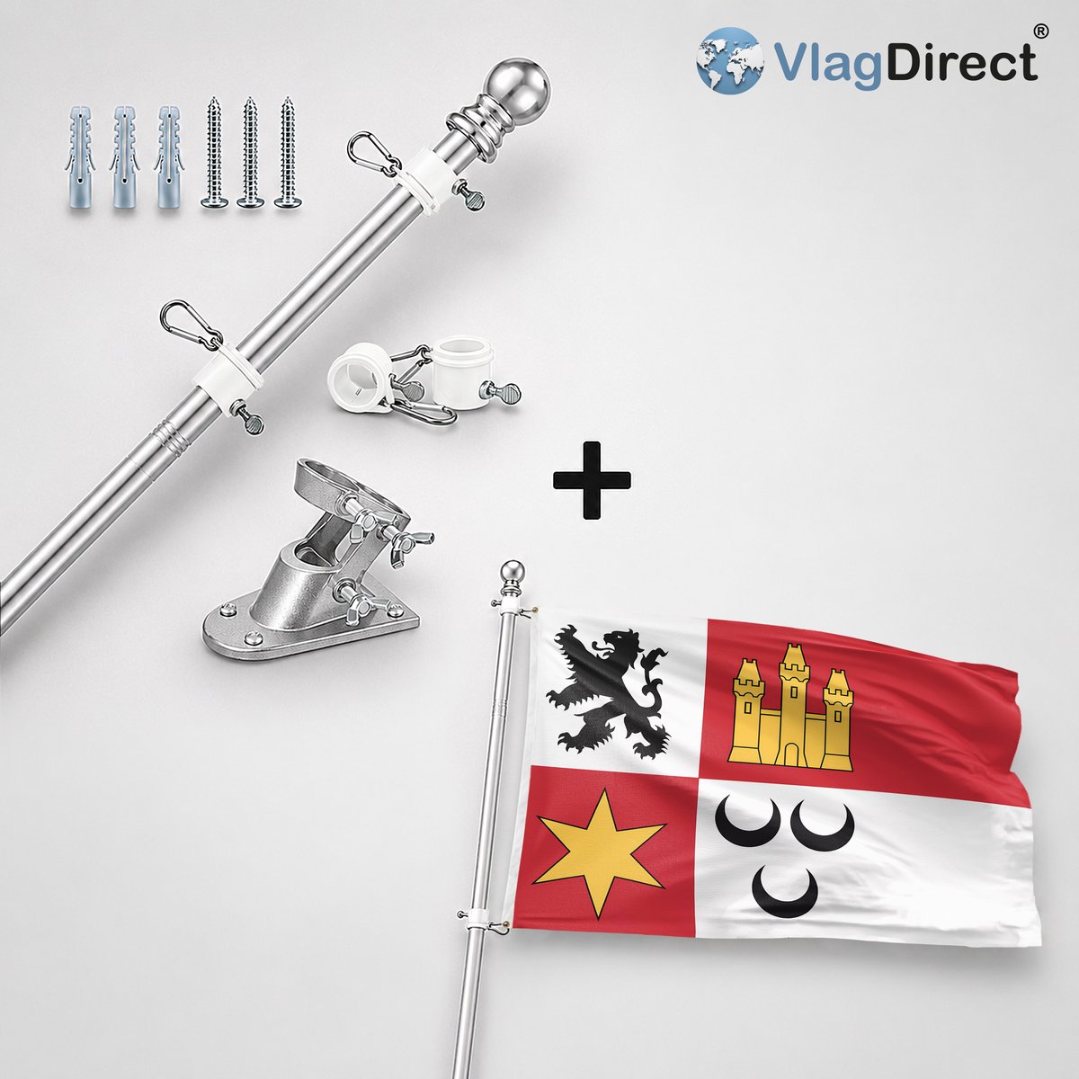 VlagDirect - Compleet vlaggenpakket - Zilveren vlaggenstok inclusief vlaggenstokhouder + Krimpenerwaard vlag - Gemeente Krimpenerwaard vlag - 90 x 150 cm.