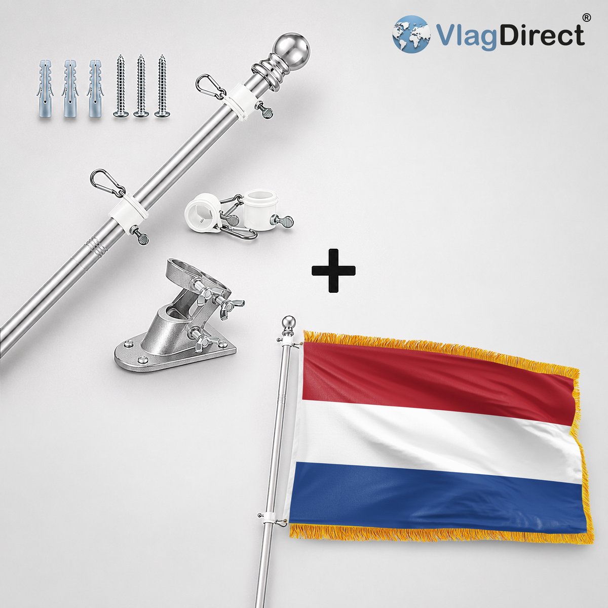 VlagDirect - Compleet vlaggenpakket - Zilveren vlaggenstok inclusief vlaggenstokhouder + Luxe Nederlandse vlag - Luxe Nederland vlag - 90 x 150 cm - Franjes.