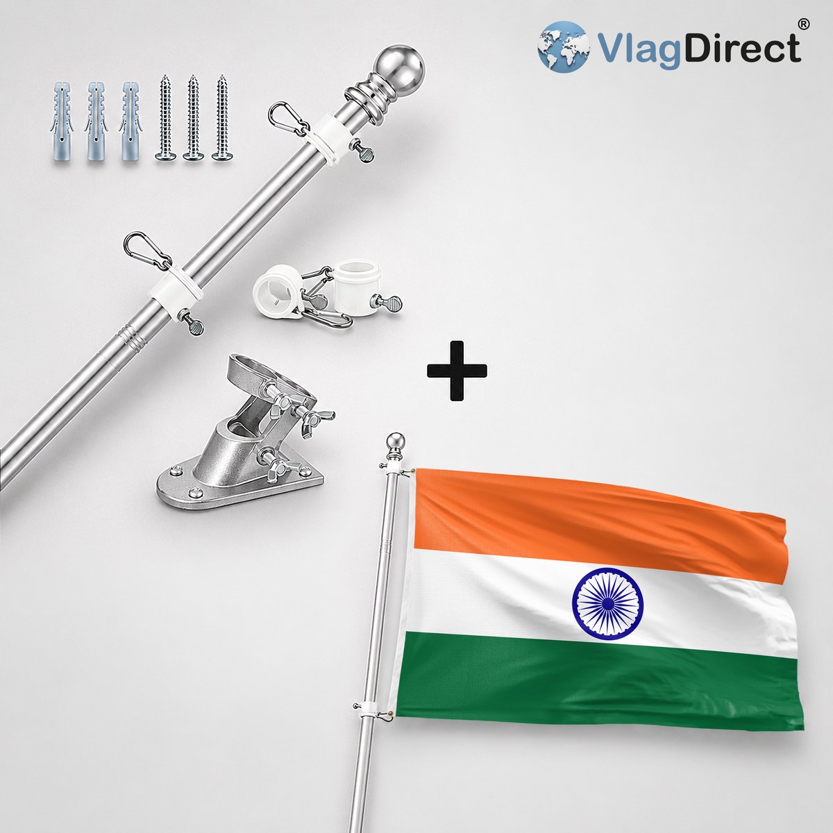 VlagDirect - Compleet vlaggenpakket - Zilveren vlaggenstok inclusief vlaggenstokhouder + Indiase vlag - India vlag - 90 x 150 cm.