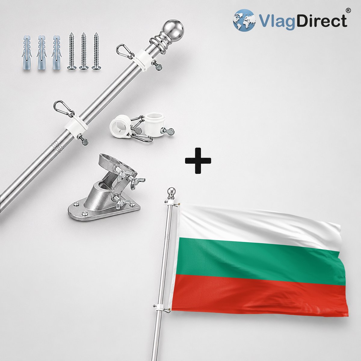 VlagDirect - Compleet vlaggenpakket - Zilveren vlaggenstok inclusief vlaggenstokhouder + Bulgaarse vlag - Bulgarije vlag - 90 x 150 cm.