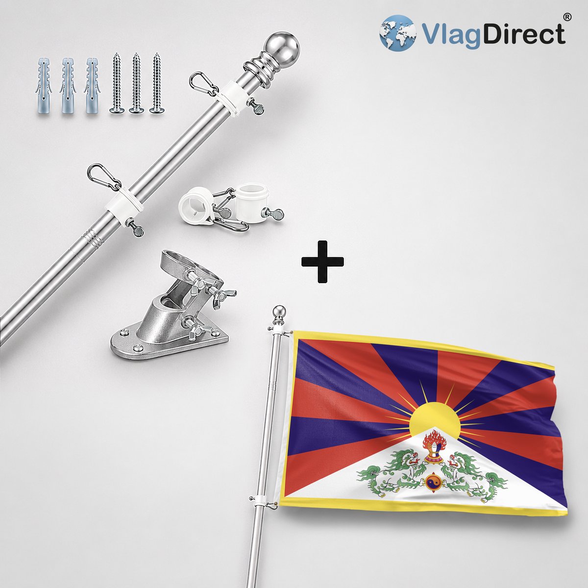 VlagDirect - Compleet vlaggenpakket - Zilveren vlaggenstok inclusief vlaggenstokhouder + Tibetaanse vlag - Tibet vlag - 90 x 150 cm.