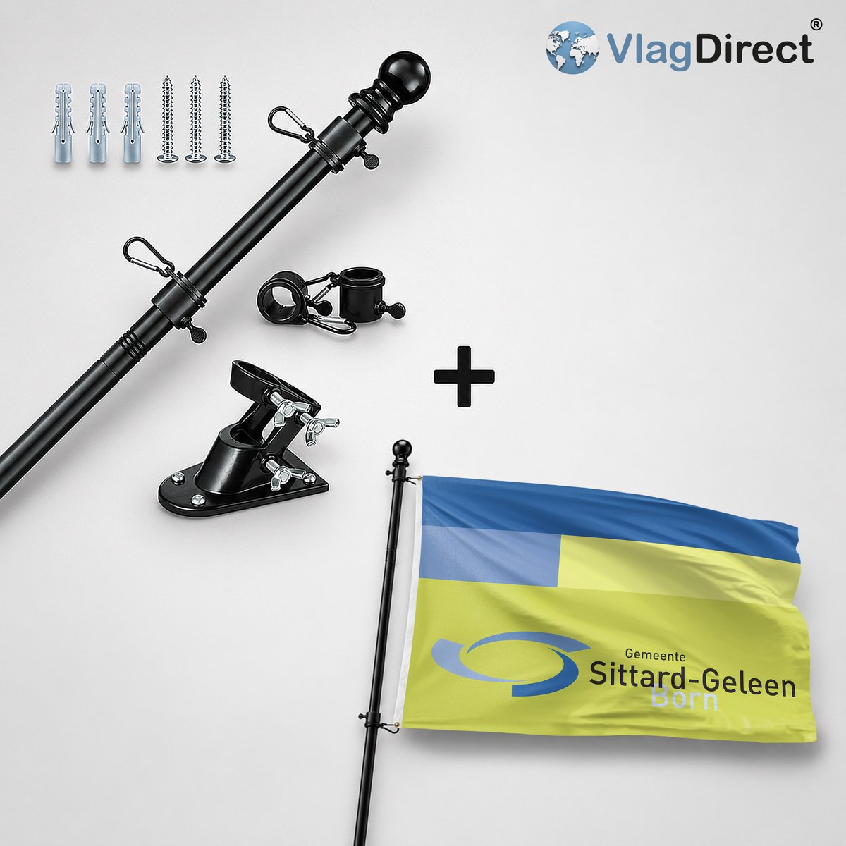 VlagDirect - Compleet vlaggenpakket - Zwarte vlaggenstok inclusief vlaggenstokhouder + Sittard-Geleen vlag - Gemeente Sittard-Geleen vlag - 90 x 150 cm.