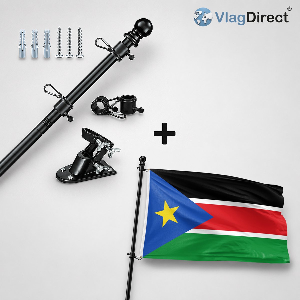 VlagDirect - Compleet vlaggenpakket - Zwarte vlaggenstok inclusief vlaggenstokhouder + Soedanese vlag - Soedan vlag - 90 x 150 cm.