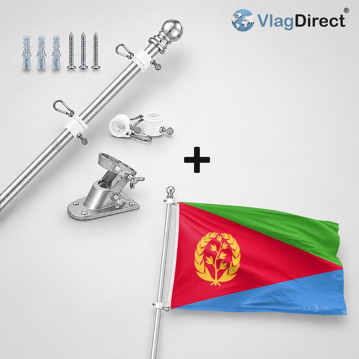 VlagDirect - Compleet vlaggenpakket - Zilveren vlaggenstok inclusief vlaggenstokhouder + Eritrese vlag - Eritrea vlag - 90 x 150 cm.