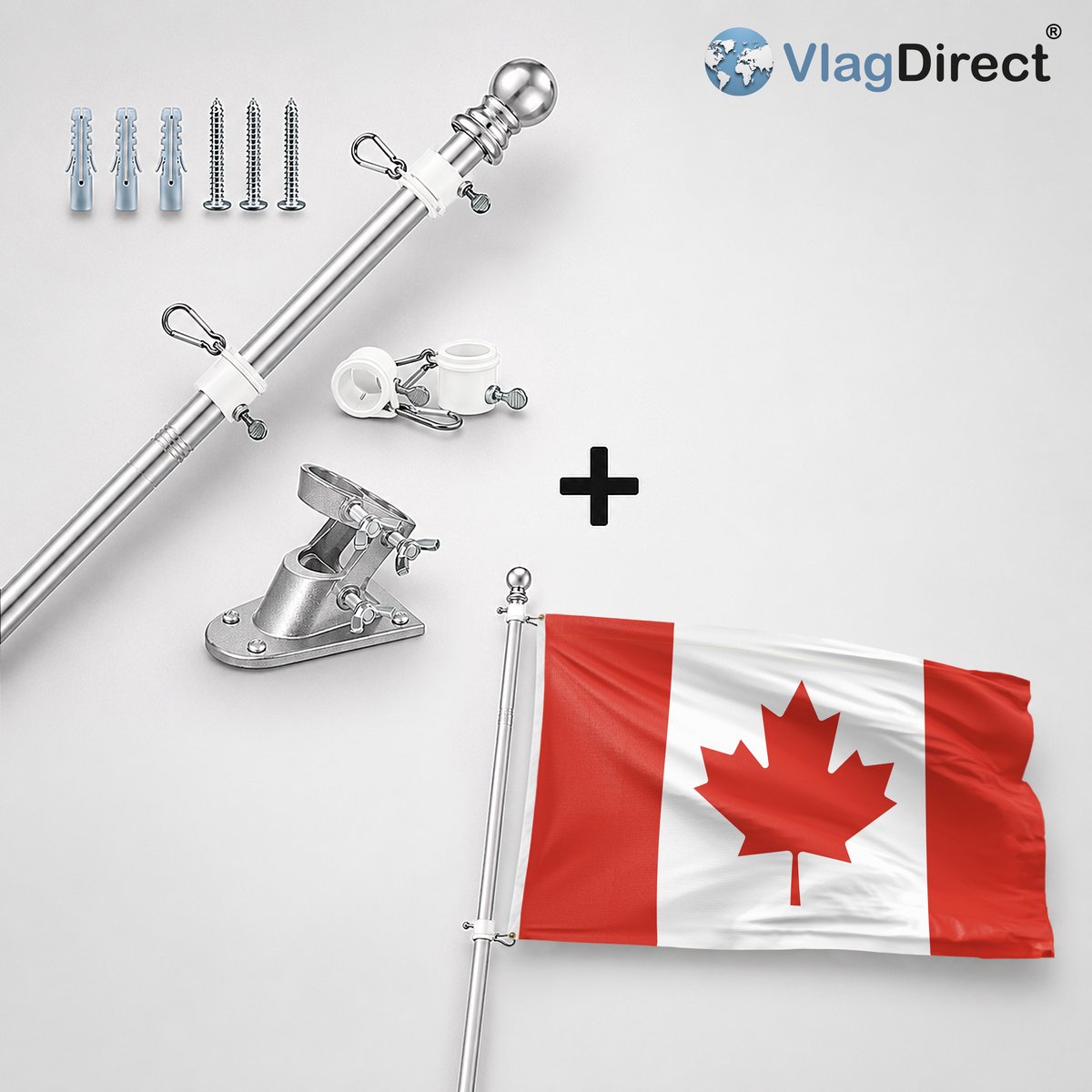 VlagDirect - Compleet vlaggenpakket - Zilveren vlaggenstok inclusief vlaggenstokhouder + Canadese vlag - Canada vlag - 90 x 150 cm.