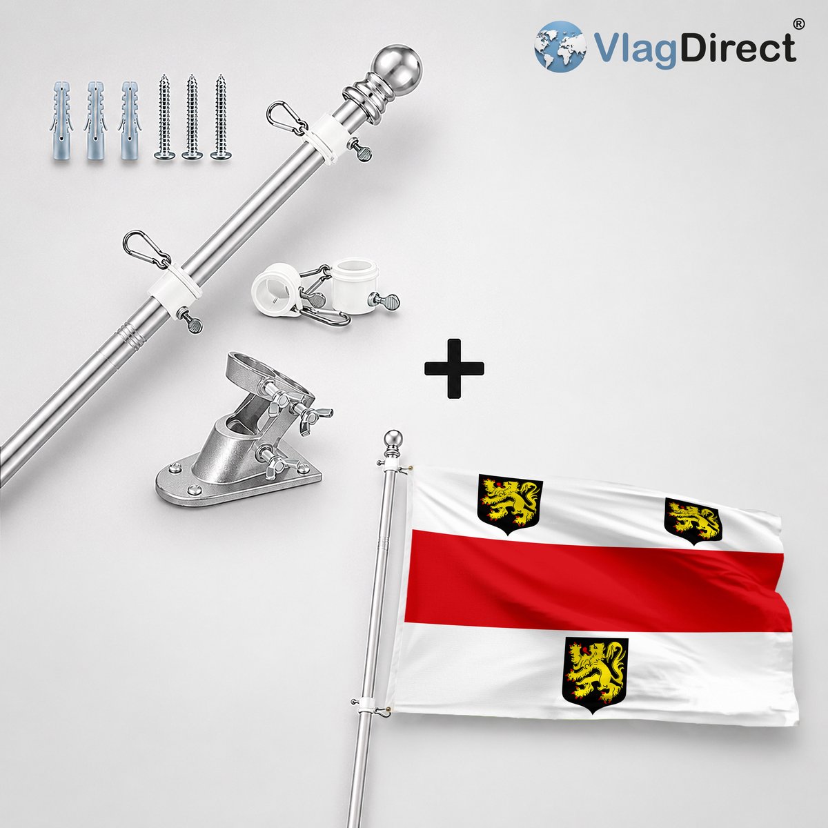 VlagDirect - Compleet vlaggenpakket - Zilveren vlaggenstok inclusief vlaggenstokhouder + Bierbeekse vlag - Gemeente Bierbeek vlag - 90 x 150 cm.