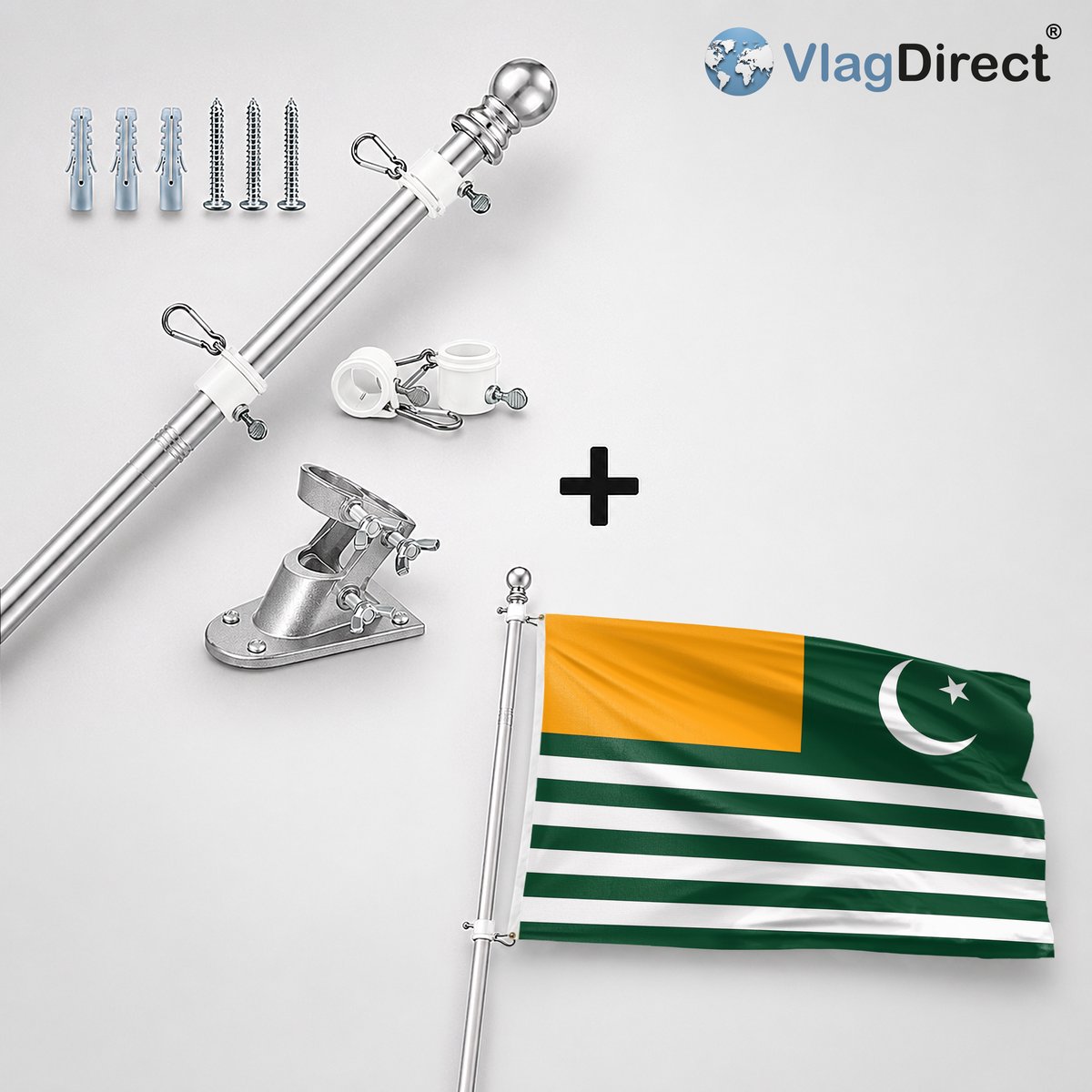 VlagDirect - Compleet vlaggenpakket - Zilveren vlaggenstok inclusief vlaggenstokhouder + Azad-Kashmiri vlag - Azad-Kashmir vlag - 90 x 150 cm.