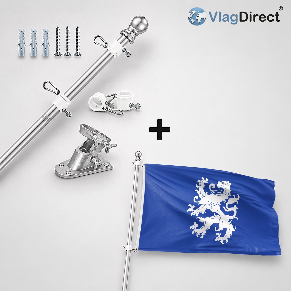 VlagDirect - Compleet vlaggenpakket - Zilveren vlaggenstok inclusief vlaggenstokhouder + Heemskerk vlag - Gemeente Heemskerk vlag - 90 x 150 cm.