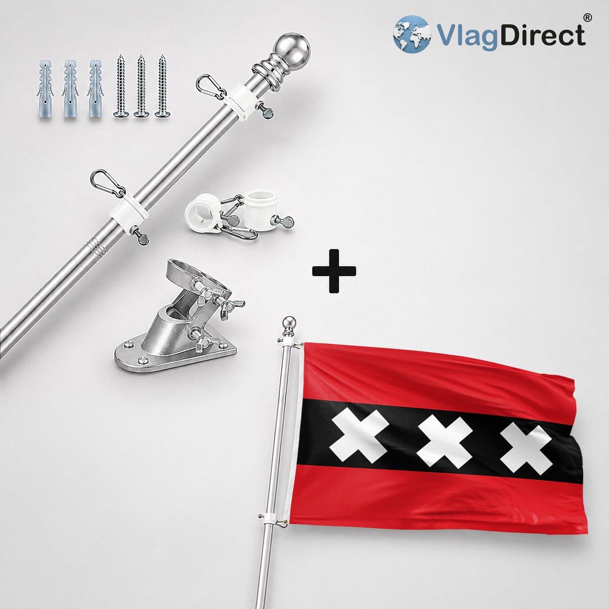 VlagDirect - Compleet vlaggenpakket - Zilveren vlaggenstok inclusief vlaggenstokhouder + Damse vlag - Gemeente Damme vlag - 90 x 150 cm.