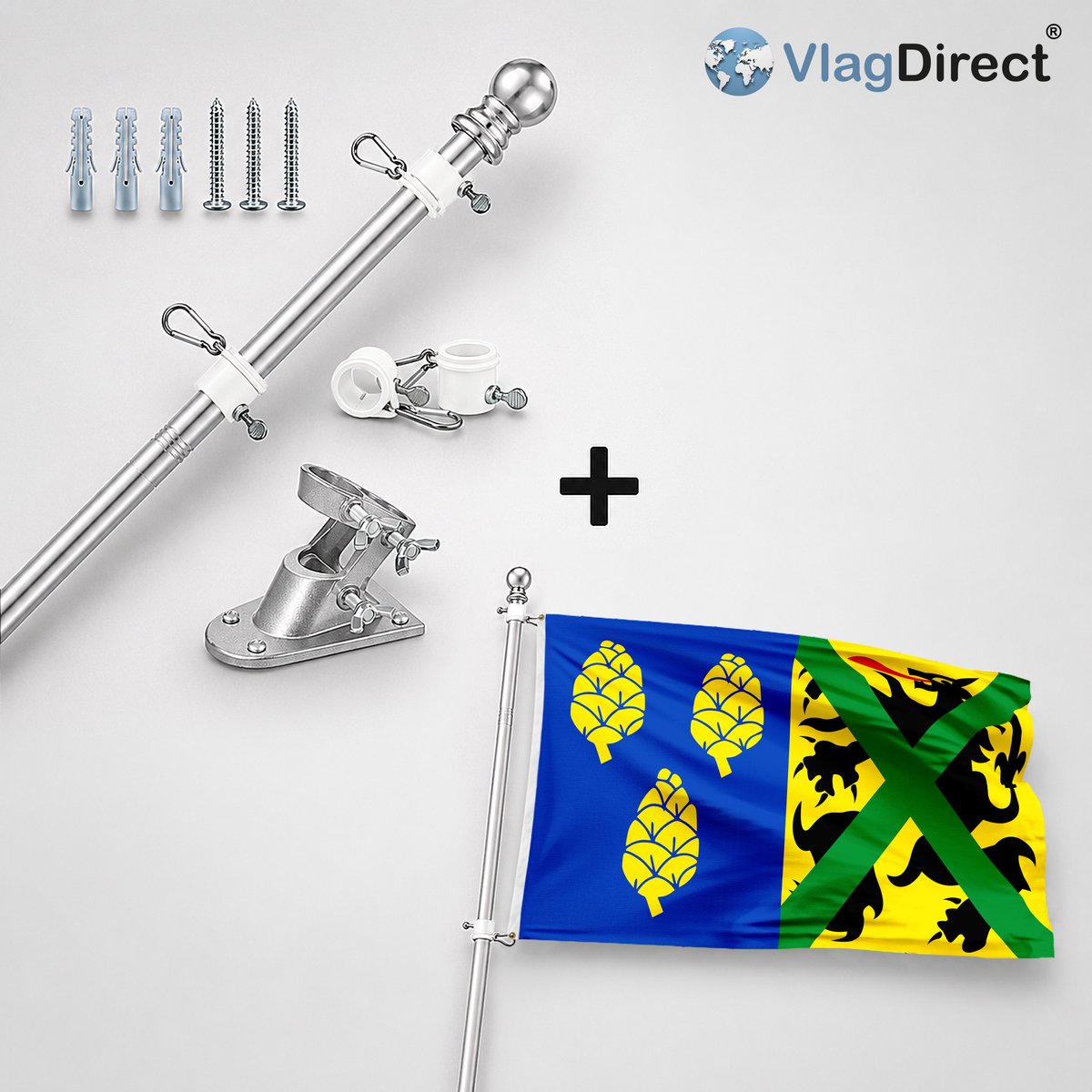 VlagDirect - Compleet vlaggenpakket - Zilveren vlaggenstok inclusief vlaggenstokhouder + Alveringemse vlag - Gemeente Alveringem vlag - 90 x 150 cm.