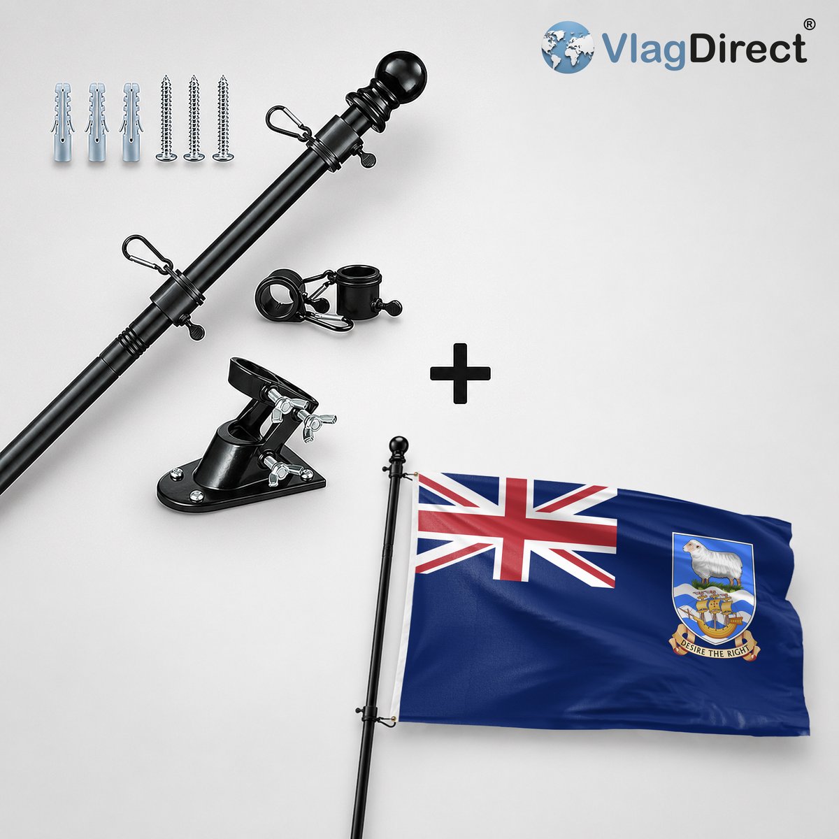 VlagDirect - Compleet vlaggenpakket - Zwarte vlaggenstok inclusief vlaggenstokhouder + Falklande vlag - Falklandeilanden vlag - 90 x 150 cm.