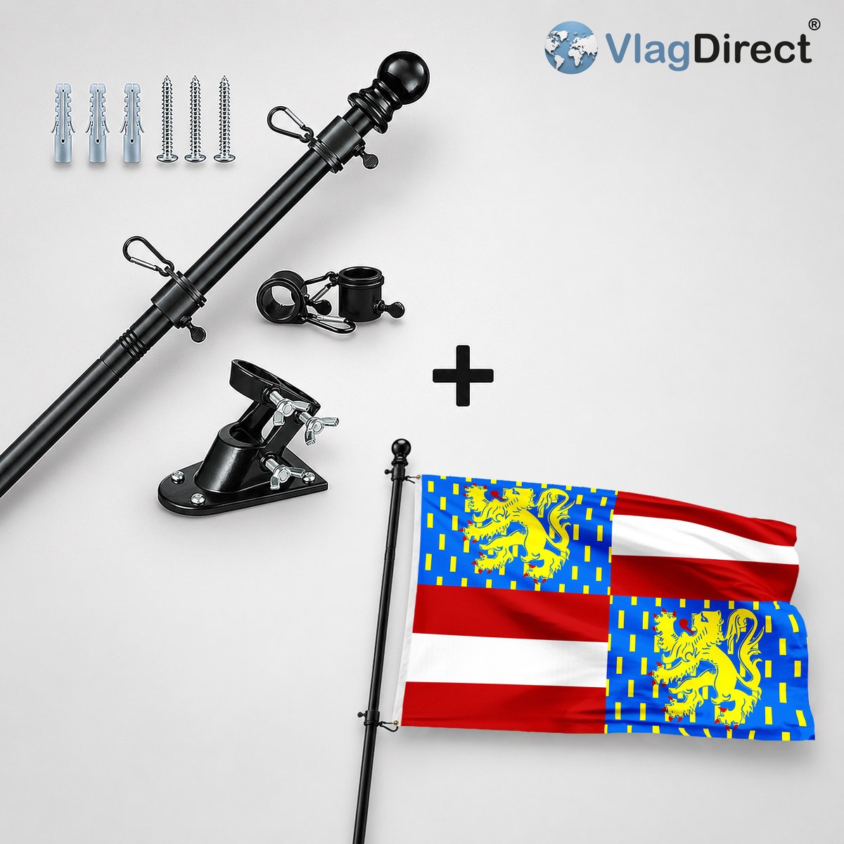 VlagDirect - Compleet vlaggenpakket - Zwarte vlaggenstok inclusief vlaggenstokhouder + Zwevegemse vlag - Gemeente Zwevegem vlag - 90 x 150 cm.