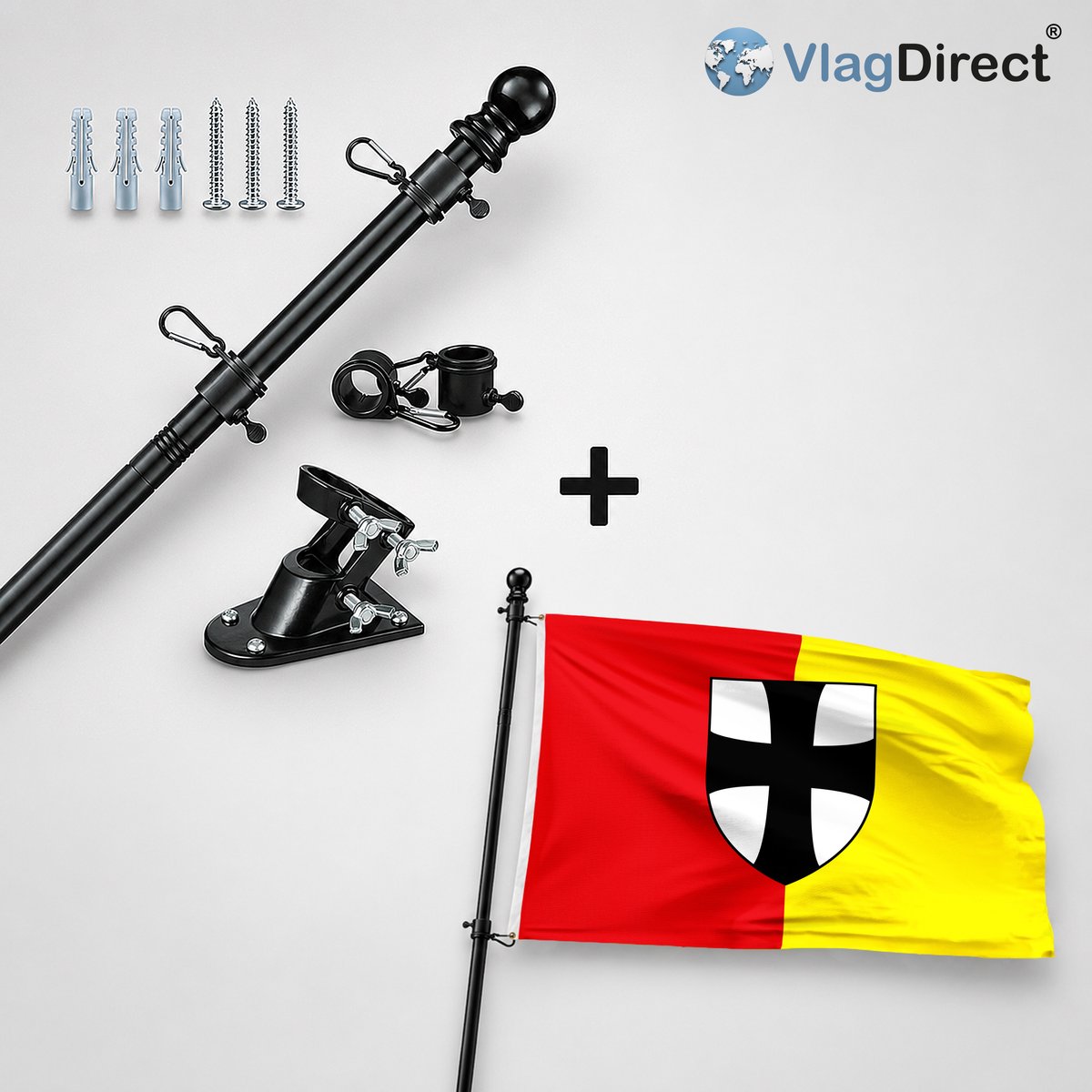 VlagDirect - Compleet vlaggenpakket - Zwarte vlaggenstok inclusief vlaggenstokhouder + Diepenbeekse vlag - Gemeente Diepenbeek vlag - 90 x 150 cm.