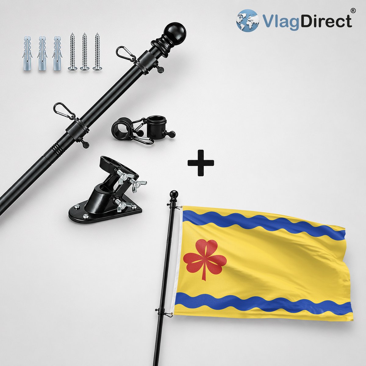 VlagDirect - Compleet vlaggenpakket - Zwarte vlaggenstok inclusief vlaggenstokhouder + Hardenberg vlag - Gemeente Hardenberg vlag - 90 x 150 cm.