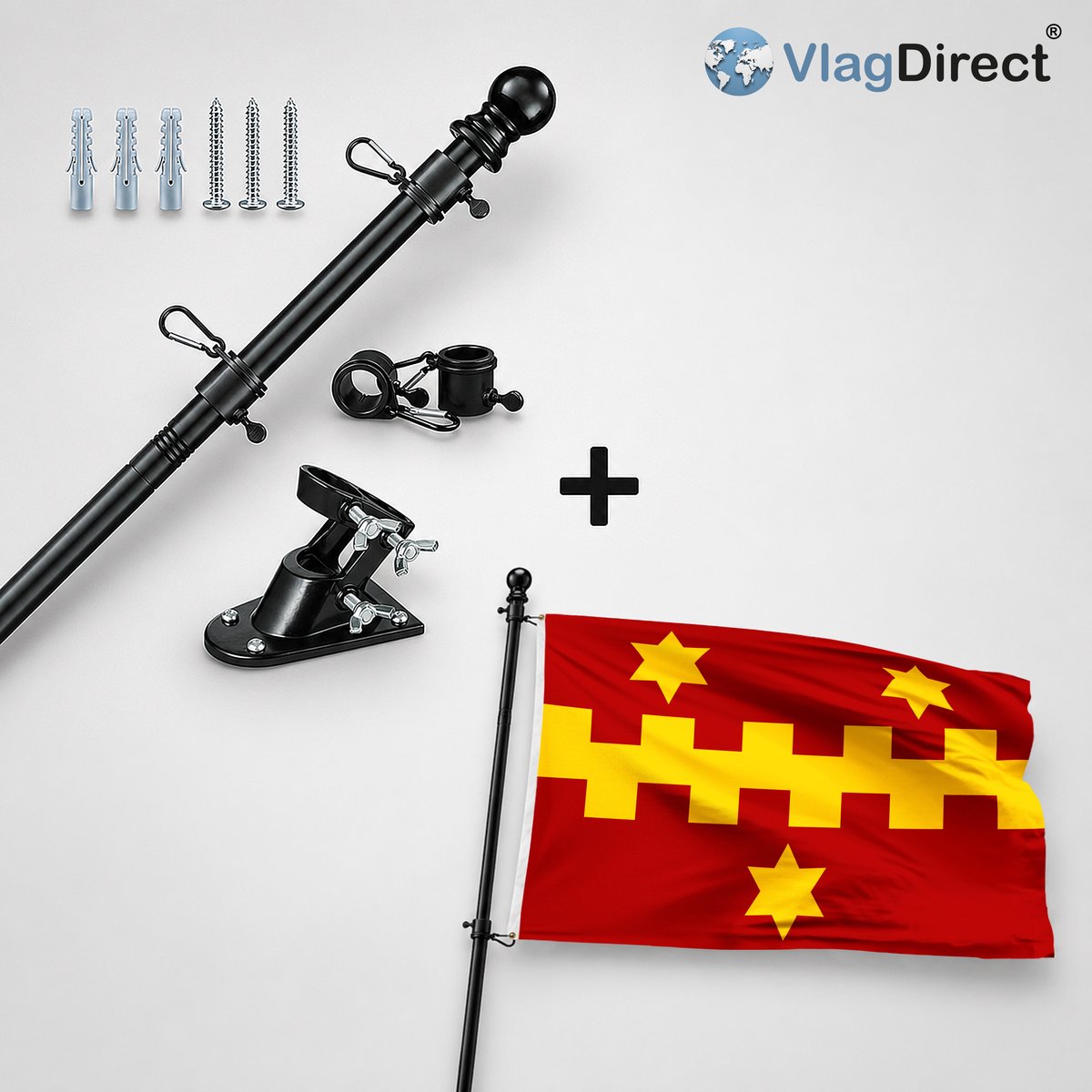 VlagDirect - Compleet vlaggenpakket - Zwarte vlaggenstok inclusief vlaggenstokhouder + Vleterse vlag - Gemeente Vleteren vlag - 90 x 150 cm.