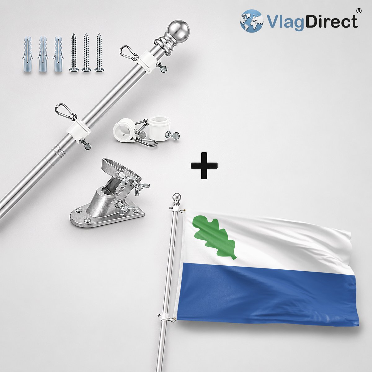 VlagDirect - Compleet vlaggenpakket - Zilveren vlaggenstok inclusief vlaggenstokhouder + Oirschot vlag - Gemeente Oirschot vlag - 90 x 150 cm.