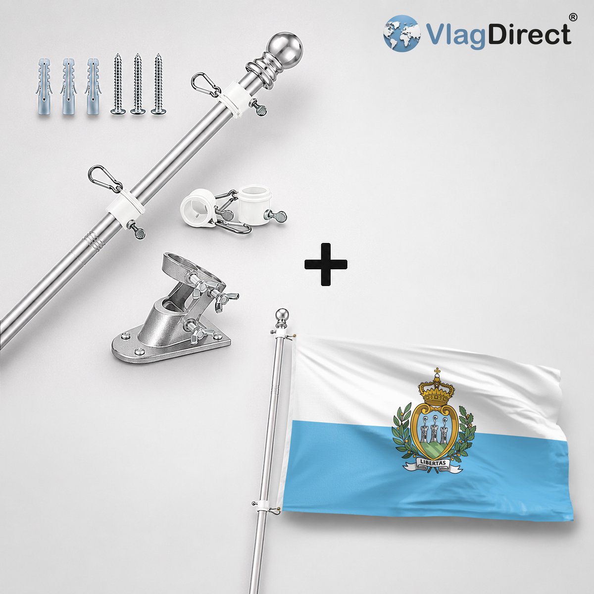 VlagDirect - Compleet vlaggenpakket - Zilveren vlaggenstok inclusief vlaggenstokhouder + San Marinese vlag - San Marino vlag - 90 x 150 cm