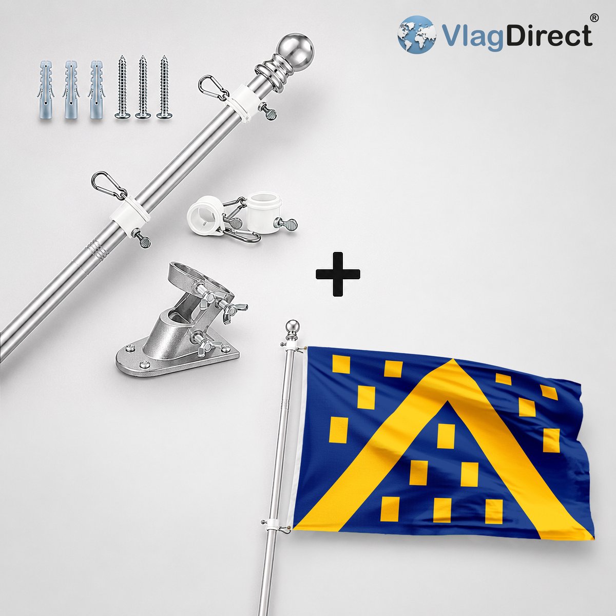 VlagDirect - Compleet vlaggenpakket - Zilveren vlaggenstok inclusief vlaggenstokhouder + Kampenhoutse vlag - Gemeente Kampenhout vlag - 90 x 150 cm.