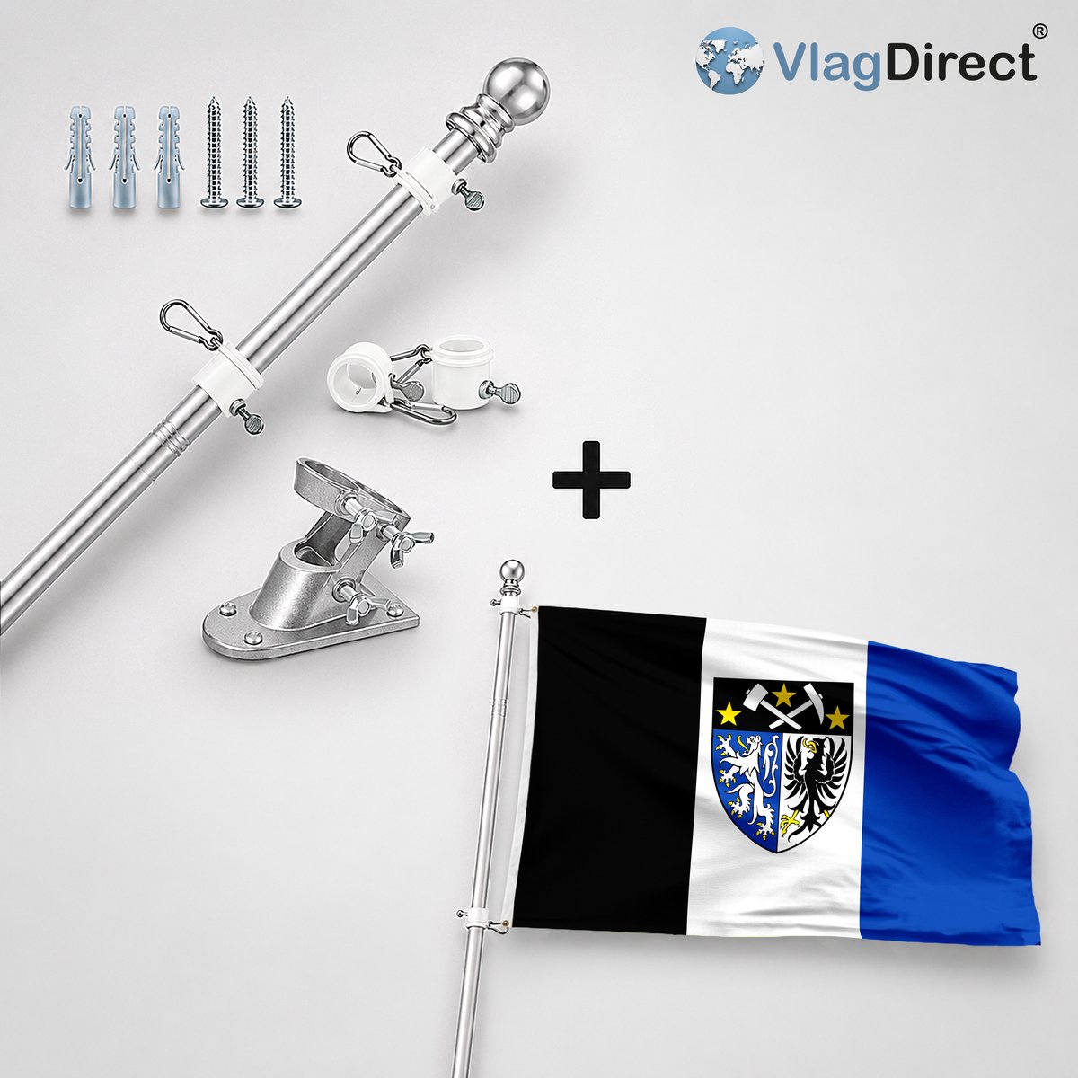 VlagDirect - Compleet vlaggenpakket - Zilveren vlaggenstok inclusief vlaggenstokhouder + Gemeente Kelmis vlag - 90 x 150 cm.