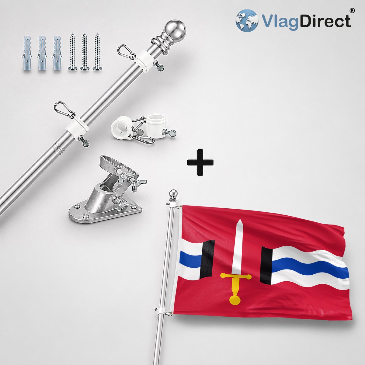 VlagDirect - Compleet vlaggenpakket - Zilveren vlaggenstok inclusief vlaggenstokhouder + Reimerswaal vlag - Gemeente Reimerswaal vlag - 90 x 150 cm.