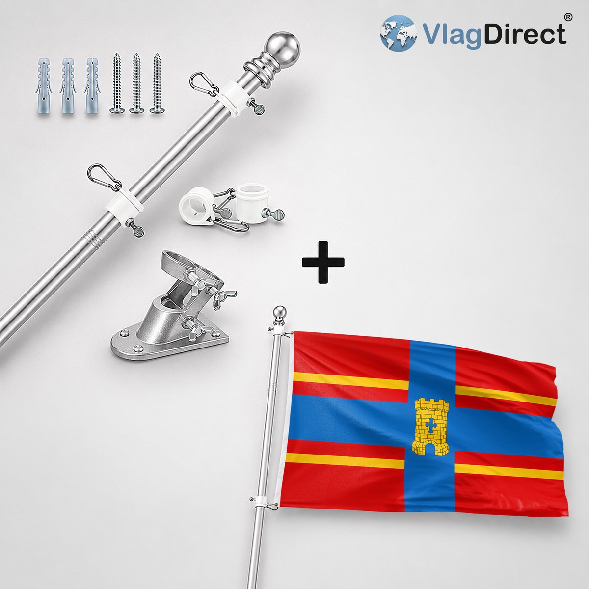 VlagDirect - Compleet vlaggenpakket - Zilveren vlaggenstok inclusief vlaggenstokhouder + Coevorden vlag - Gemeente Coevorden vlag - 90 x 150 cm.