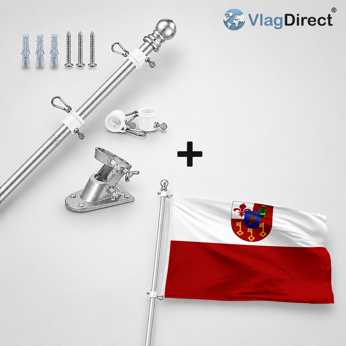 VlagDirect - Compleet vlaggenpakket - Zilveren vlaggenstok inclusief vlaggenstokhouder + Waregemse vlag - Gemeente Waregem vlag - 90 x 150 cm.