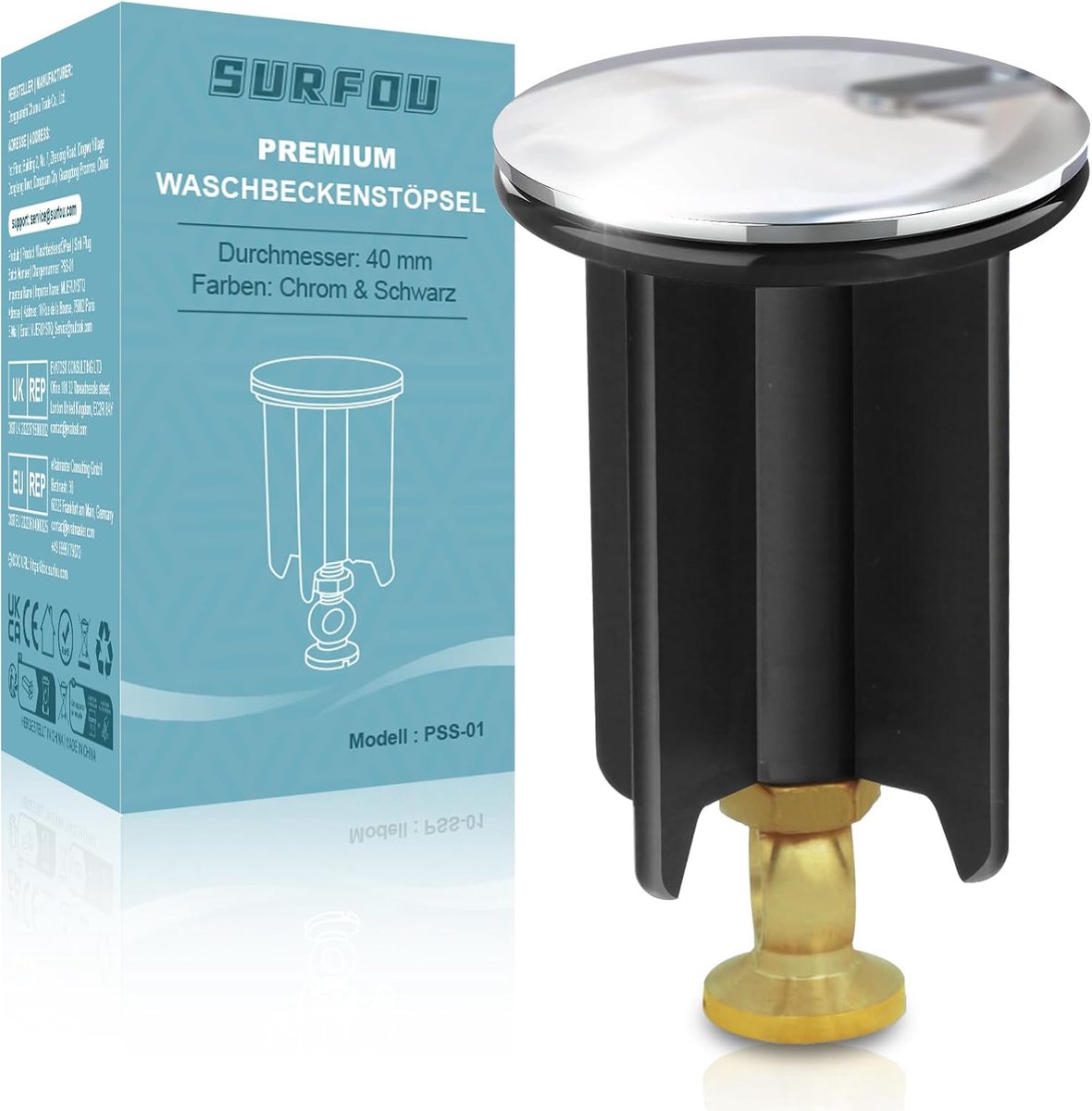 SURFOU Universal Height Adjustable Sink Stop, 40 mm, Chrome, Brass Drain Stop with Overflow Premium, Pop Up Drain - ShopVlot