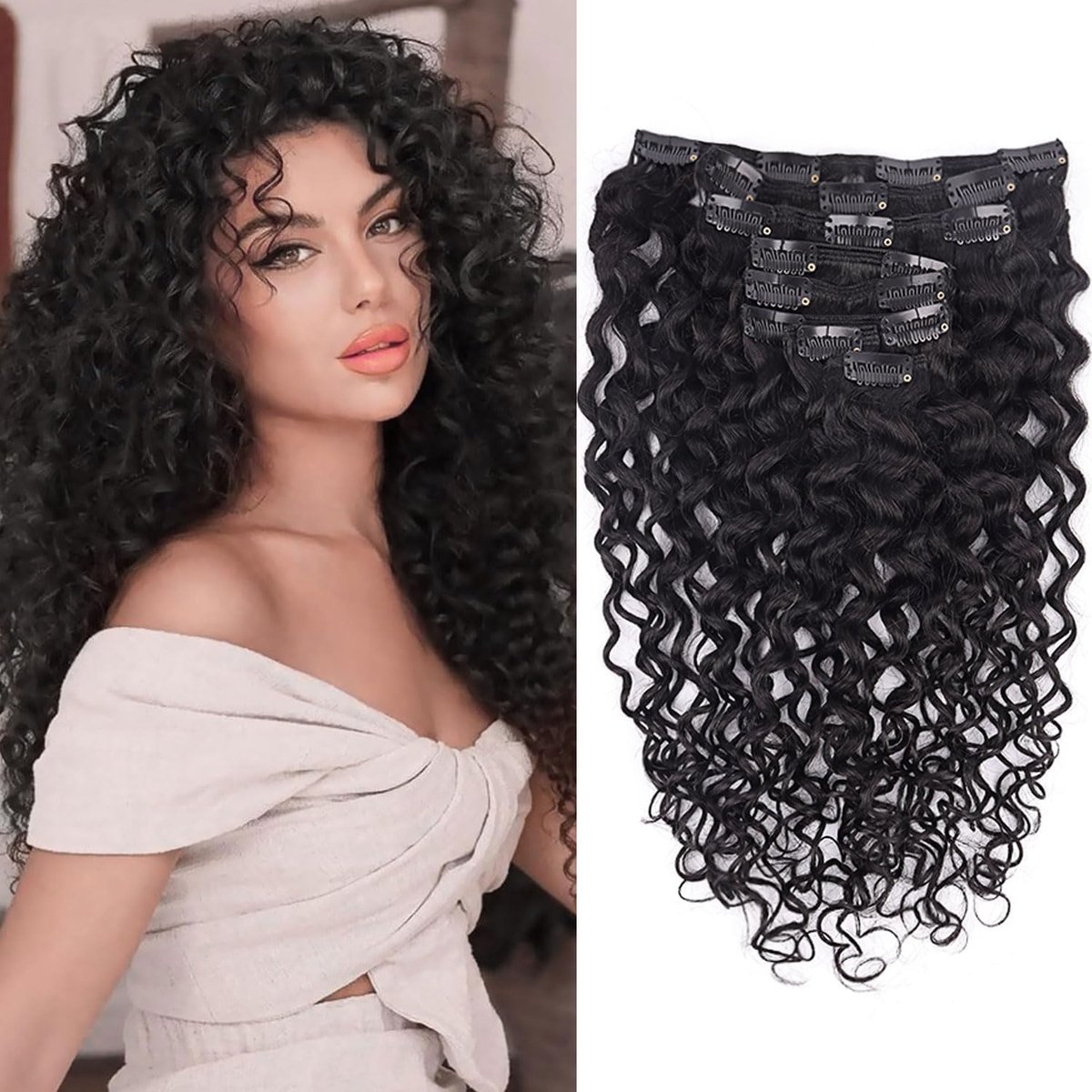 Hair Extension with Curler Clip, Natural Hair Extension, 60 cm, 120 g, 8 Pieces, Natural Black, Clip-In Hair Extension - ShopVlot