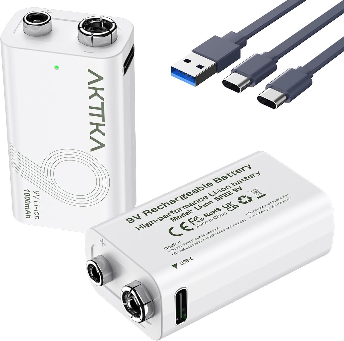 2 stuks 1000 mAh 9 V oplaadbare lithiumbatterijen - Met USB-C-kabel, voor draagbare multimeters, metaaldetectoren - ShopVlot