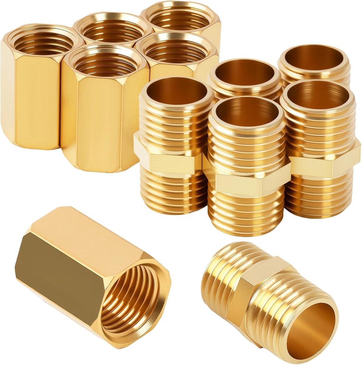 12PCS 1/4" to 1/4" Female and Male BSP Thread Brass Hexagonal and Hexagonal Coupling Connector, 1 4 Inch Brass BSP - ShopVlot