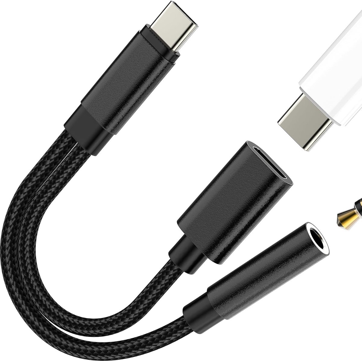 USB C hoofdtelefoonadapter Aux audio kabel splitter dubbele stekker naar 3,5 mm bus aansluiting DAC kabel PD naar - ShopVlot
