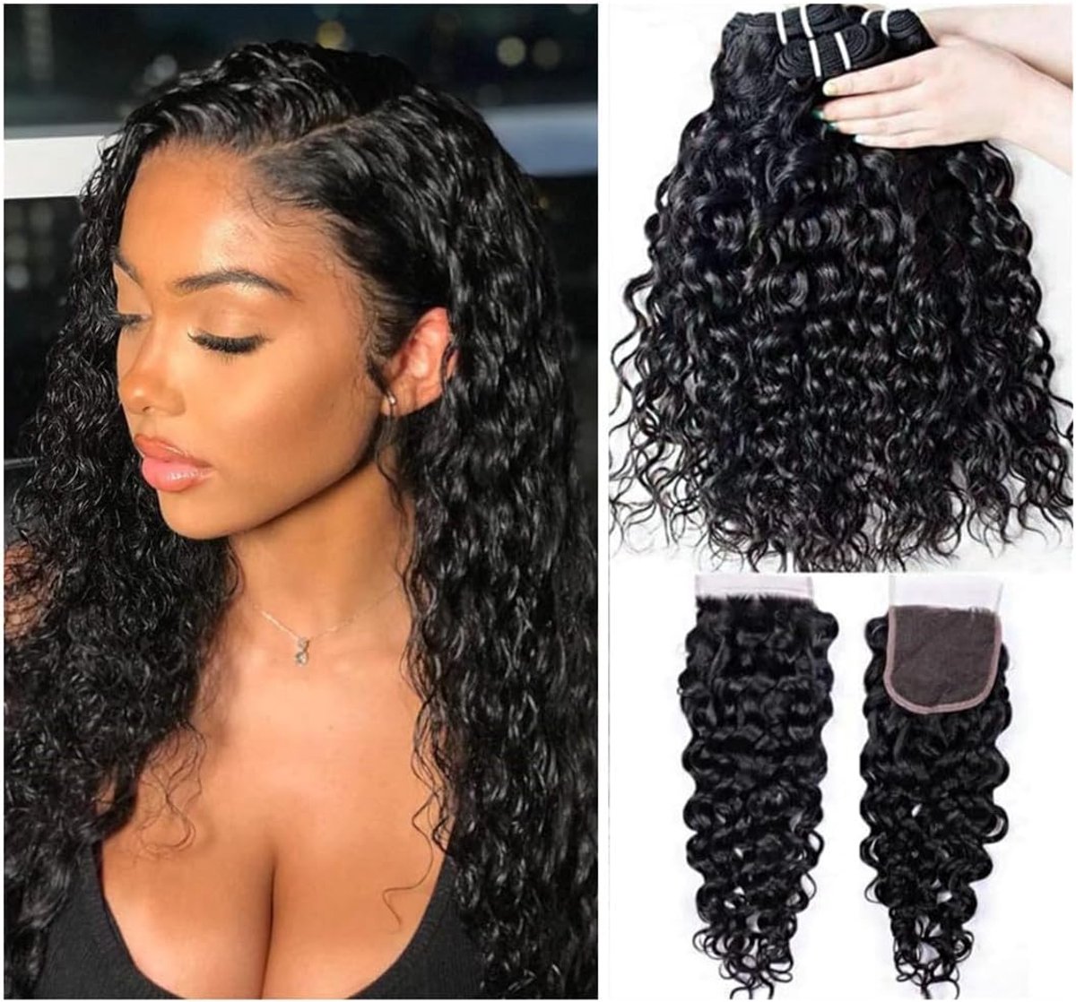 Water Wave Bundles with Closure Brazilian Virgin Wet and Wavy Hair 3 Bundles with Closure 100% Unprocessed Curly Human - ShopVlot