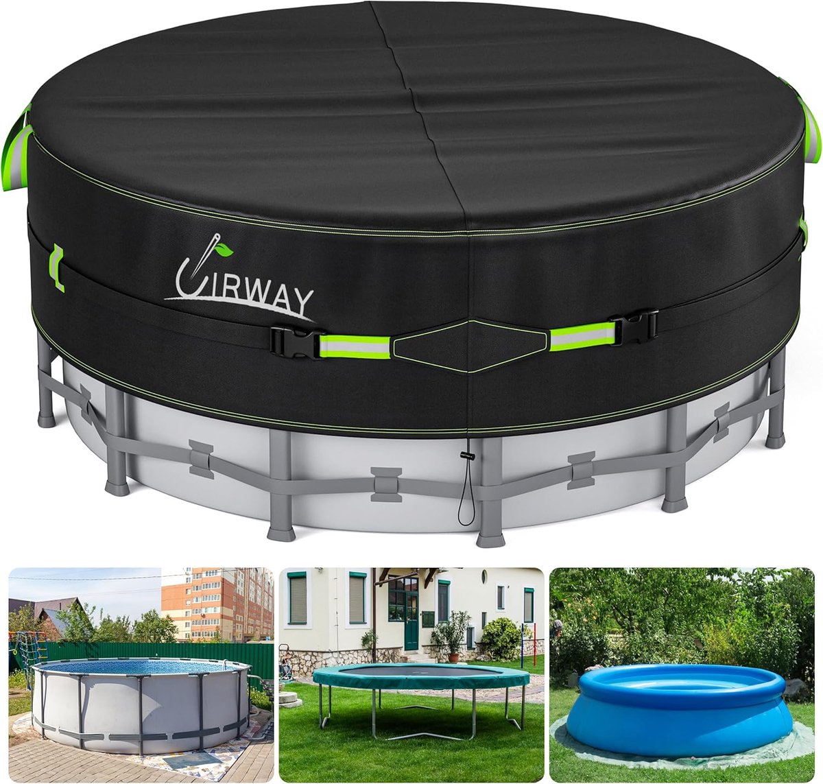 UIRWAY 366 cm Round Winter Pool Cover Above Ground - reflective stripes, fastening cord, light nails, stable and easy - ShopVlot