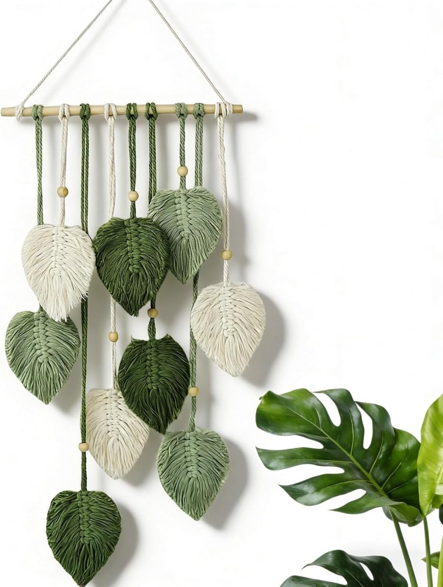 Avoik Macrame Tapestry Boho Decoration Handmade Macrame Tapestry Green Leaves Tapestry with Wooden Beads Tapestry for - ShopVlot