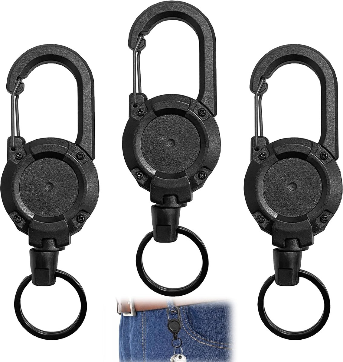 Sleutelkoord uittrekbaar, 3 stuks, met 60 cm staalkabel, intrekbare sleutelhanger, ABS-materiaal, zwart - ShopVlot
