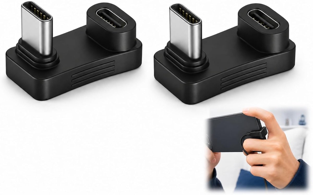 2 stuks USB C-adapter, 180 graden, USB C-adapter, U-vorm, USB C-stekker naar USB C vrouwelijk, snel opladen, PD 100 W - ShopVlot