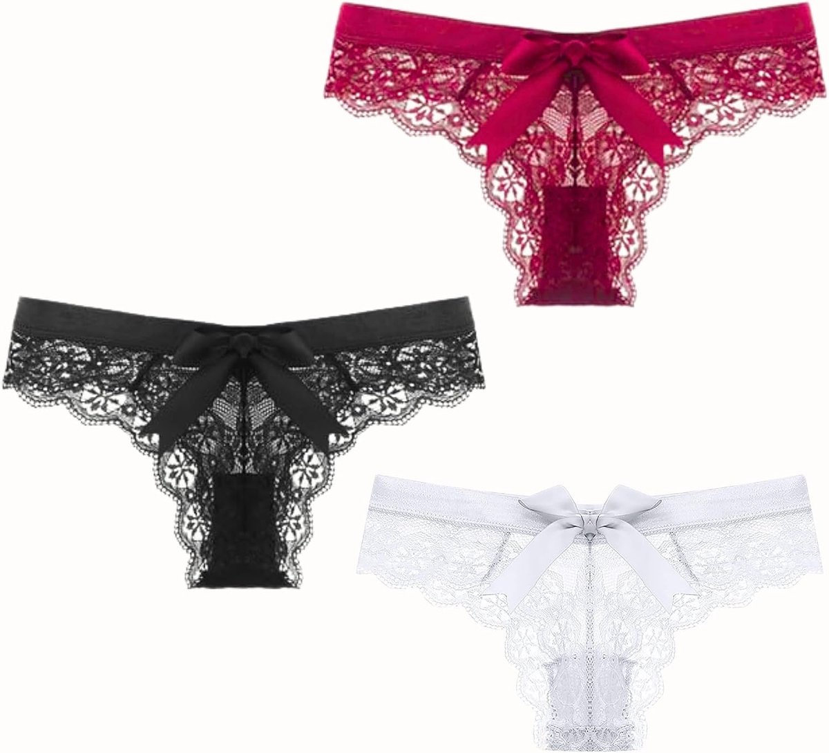 ROSVAJFY Women's Thong Lace Medium Waist Sexy Lace Transparent Underwear Black + White + Burgundy S - ShopVlot