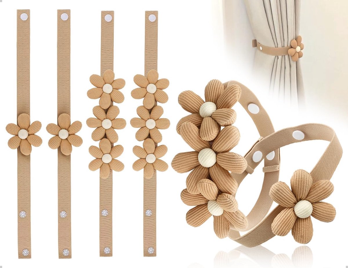 4 stuks gordijnhouders voor gordijnen, gordijnhouders met bloemen, decoratief, elastisch, met verstelbare bandjes - ShopVlot